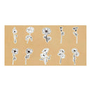 Ten botanical flower illustrations arranged in two rows on a tan rectangular card, shown against a white background.