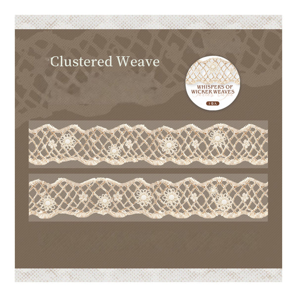 Lace trim with 'Clustered Weave' design on a brown background, featuring the brand 'Whispers of Wicker Weaves'.