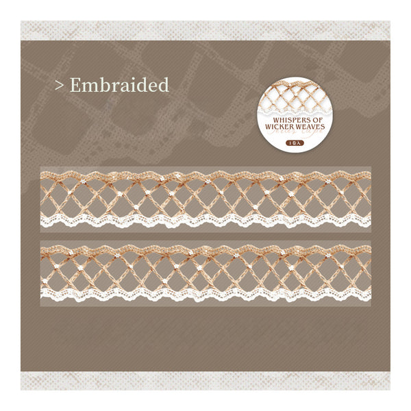 Packaging of 'Embraided' lace trim with brand logo on a brown background