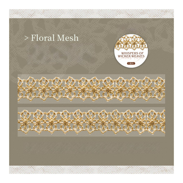 Gold floral mesh lace with 'Whispers of Wicker Weaves' branding on a gray background