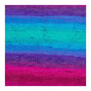 A square close-up of a knitted fabric swatch with horizontal stripes in purple, blue, teal, and bright pink, showing the knit texture clearly.