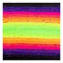 A close-up of a knitted fabric with horizontal rainbow stripes in purple, pink, orange, yellow, and green.