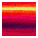 A close-up of a knitted fabric swatch with horizontal stripes in red, orange, yellow-green, pink, and purple.