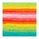 A square knitted fabric swatch featuring horizontal rainbow stripes in shades of green, yellow, orange, pink, red, and blue, shown against a white background.
