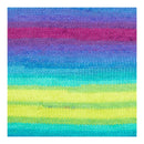A square close-up of a knitted fabric swatch with horizontal rainbow stripes in purple, blue, pink, teal, and yellow.