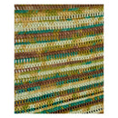 A close-up of a crocheted textile with horizontal striped patterns in brown, olive green, teal, cream, and beige.