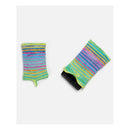 Two colorful striped knit wrist warmers on a light gray background, one shown flat and the other folded over a black plastic sleeve.