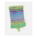 A handmade crocheted or knit sleeve with horizontal stripes in lime green, blue, pink, orange, and teal, featuring a small loop at the bottom.