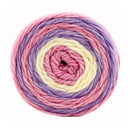 A single ball of variegated yarn with concentric stripes of pink, purple, and pale cream, photographed on a solid white background.