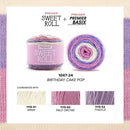 Yarn ball labeled 'Sweet Roll' with color swatches on a white background