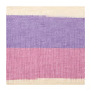 A close-up of a knitted fabric swatch with horizontal stripes in cream, lavender purple, and dusty pink, showing the knit texture clearly.