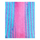 A close-up of a knitted fabric with vertical stripes in bright pink, light blue, and lavender purple, showing the detailed knit texture.