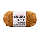A skein of Premier Basix Chenille Brights yarn in a warm mustard yellow color, wrapped with a white paper label, on a solid white background.