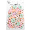 A package of 72 Prima Flowers craft embellishments, featuring pastel-colored paper flowers in pink, mint green, peach, and white, with small gold bead centers, on a white backing card.
