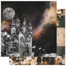 A gothic-themed collage design featuring a large black-and-white haunted castle under a full moon, with warm orange and beige nebula-like clouds, vintage street lamps, pumpkins, flowers, and autumn decorative elements along the bottom and right edge.