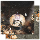Halloween-themed double-sided scrapbook paper featuring a celestial pumpkin diorama with two witches under a telescope, surrounded by pumpkins, ghosts, and a dark cosmic background. The reverse side shows a matching patterned design.