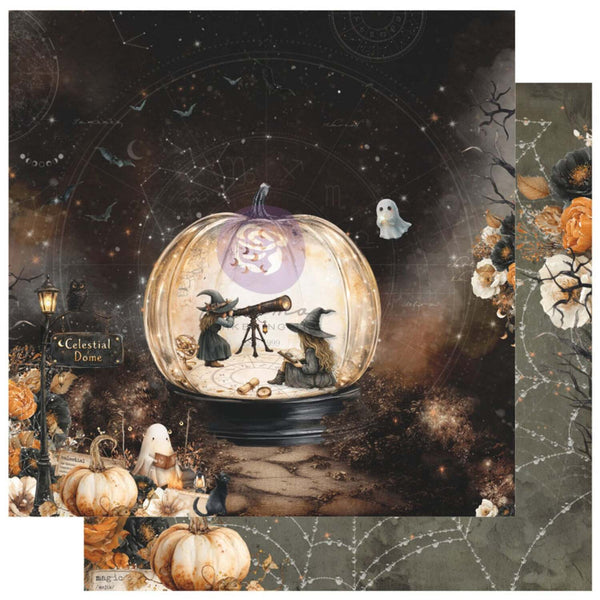 Halloween-themed double-sided scrapbook paper featuring a celestial pumpkin diorama with two witches under a telescope, surrounded by pumpkins, ghosts, and a dark cosmic background. The reverse side shows a matching patterned design.
