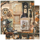 A vintage-style collage artwork featuring a witch in a black hat and cloak, antique clocks, a black cat, parchment scrolls, books, flowers, shelves, and a castle illustration on a dark green background.
