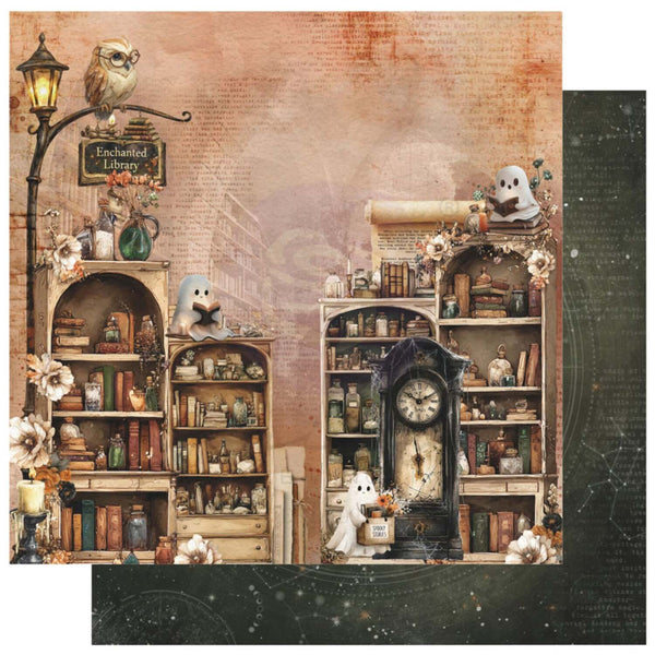 A square decorative paper or art print featuring a vintage library scene with two tall bookshelves, antique books, a clock, flowers, ghosts, an owl perched on a lamp post, and a parchment scroll. The design has a warm sepia background with faded script text and dark border elements along the right and bottom edges.
