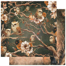 A decorative paper sheet or scrapbook paper featuring an owl and floral pattern on tree branches, with layered overlapping sheets showing the reverse side and edge details.