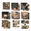A collage showing multiple vintage-style scrapbook paper or craft paper designs with gothic and antique illustrations, including framed mirrors, shelves, clocks, a moonlit scene, and floral patterns. Small text labels indicate elements on back cover and elements on page, and a circular inset shows a branded cover design.