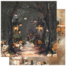 A square decorative print or card design showing a spooky forest path lined with pumpkins, lanterns, and autumn flowers, with a small white cat walking in the center. A partial second panel on the right shows warm floral artwork, and a partial third panel at the bottom shows pumpkins and a cat in a cozy setting.