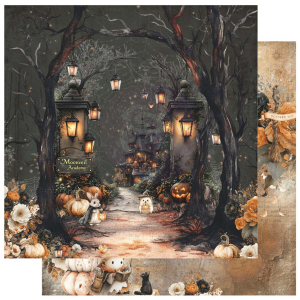 A square decorative print or card design showing a spooky forest path lined with pumpkins, lanterns, and autumn flowers, with a small white cat walking in the center. A partial second panel on the right shows warm floral artwork, and a partial third panel at the bottom shows pumpkins and a cat in a cozy setting.
