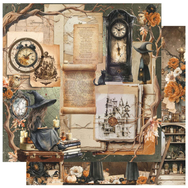 A vintage-style collage artwork featuring a witch in a black hat and cloak, antique clocks, a black cat, parchment scrolls, books, flowers, shelves, and a castle illustration on a dark green background.
