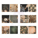 A collage of 12 vintage-style photography backdrops arranged in a 3x4 grid. The designs feature gothic and autumn themes, including a haunted forest, a moonlit castle, a spooky snow globe, cobwebs, antique clocks, a brick wall with cats, a village scene, a dark textured background, floral branches with bats, and a warm sepia room scene.