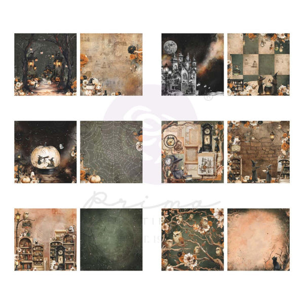 A collage of 12 vintage-style photography backdrops arranged in a 3x4 grid. The designs feature gothic and autumn themes, including a haunted forest, a moonlit castle, a spooky snow globe, cobwebs, antique clocks, a brick wall with cats, a village scene, a dark textured background, floral branches with bats, and a warm sepia room scene.