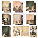 A collage showing multiple vintage-style cutout sheet designs arranged in a grid on a white background. The designs feature aged parchment textures, dark forest green and dusty rose tones, antique bookshelves, books, lanterns, and gothic interior scenes.