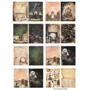 A collage of 16 vintage-style illustrated panels arranged in a grid on a white background, with small text at the bottom reading '2 cut out element sheets.' The designs feature aged parchment textures, dark moody scenes, old books, shelves, moonlit imagery, and antique architectural details.