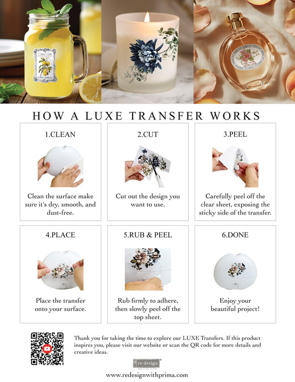 Step-by-step guide on how a luxe transfer works with images of a jar, candle, and perfume bottle.