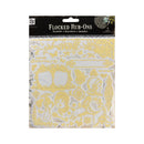 A package of Flocked Rub-Ons transfer stickers by Prima, featuring various ornate gold-colored designs on a white backing sheet, with a black header card.