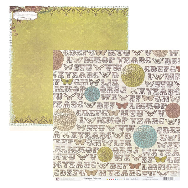 Two sheets of scrapbook paper one with a textured olive-green background and the other with a cream background decorated with retro alphabet letters, butterflies, and circular motifs in muted brown, blue, and yellow-green tones.