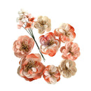 A cluster of artificial fabric flowers in shades of coral pink, peach, cream, and white, arranged on a plain white background.