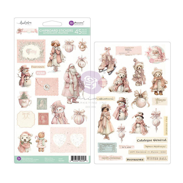 Two sheets of Bouclés chipboard stickers featuring vintage winter illustrations, including snowmen, Santa Claus, teddy bears, ice skates, and pastel labels, shown on a white background.