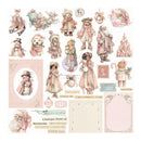 A sheet of vintage-style illustrated stickers or decoupage elements featuring teddy bears, Santa Claus, snowmen, winter clothing, ornaments, a castle, and decorative text boxes on a pale pink and cream background.