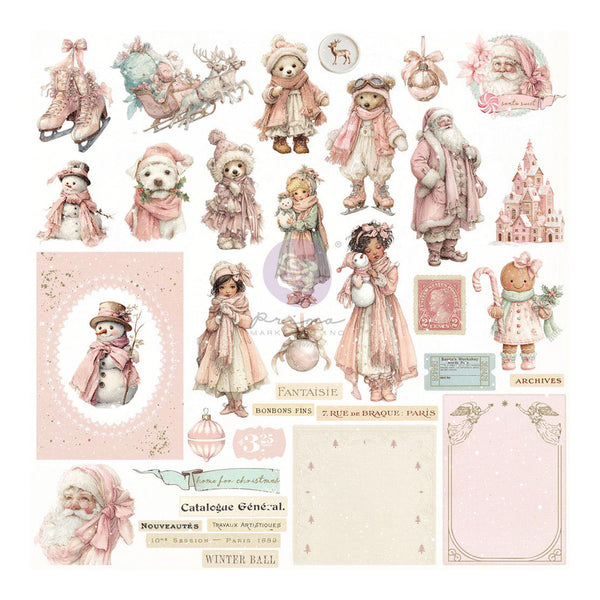 A sheet of vintage-style illustrated stickers or decoupage elements featuring teddy bears, Santa Claus, snowmen, winter clothing, ornaments, a castle, and decorative text boxes on a pale pink and cream background.