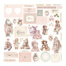 A sheet of Christmas-themed decorative stickers or decals featuring vintage illustrations of Santa Claus, snowmen, children, gifts, stars, and pastel text elements on a cream background.