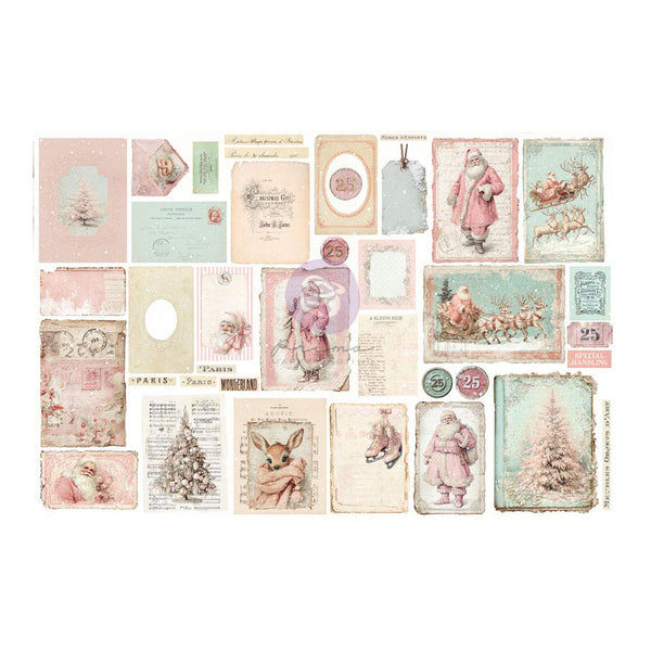 A collage of vintage-style Christmas and holiday paper elements, including postcards, labels, stamps, and illustrated cards featuring Santa Claus, reindeer, Christmas trees, and soft pastel colors on a white background.