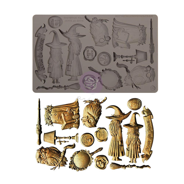 A wizard-themed metal casting or craft mold set shown on a white background, with a gray rectangular mold plate at the top and multiple corresponding metallic miniature designs below in gold and bronze tones.