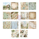 A collage of 16 rustic, vintage-themed scrapbooking paper designs and coordinating stickers, featuring elements like old houses, flowers, cobblestone paths, weathered wood, and newspaper prints in soft pastel and earthy tones.