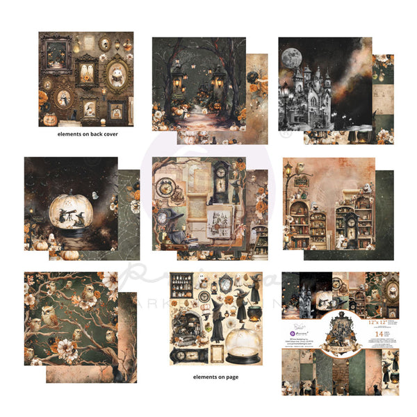 A collage showing multiple vintage-themed scrapbook paper designs and pattern sheets, including gothic architecture, antique interiors, floral motifs, and sepia-toned collage layouts. Text labels indicate elements on back cover and elements on page, with a small product inset showing a sheet and its details.