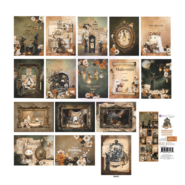 A sheet of 24 vintage-style Halloween and autumn-themed cards or print designs arranged in a grid, with a package insert visible on the lower right. The designs feature ghosts, pumpkins, framed portraits, candles, and seasonal text such as 'Halloween' and 'Autumn Memories' in muted sepia, brown, beige, and dark green tones.