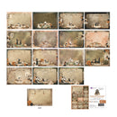 A sheet of scrapbooking paper with a vintage autumn theme, featuring 16 different decorated panels with fall motifs like pumpkins, leaves, and animals, plus a small inset showing the back design and the product packaging.