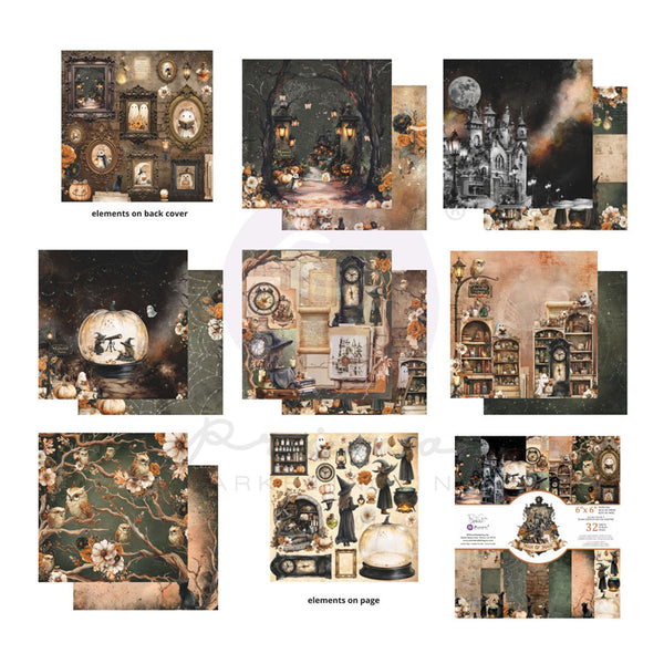 A collage showing multiple vintage-style illustrated paper or scrapbook elements, including framed portraits, shelves, clocks, a moonlit scene, a snow globe, and floral motifs, with small text labels such as 'elements on back cover' and 'elements on page.' This is not a clean single product shot and not a person-in-environment lifestyle image.