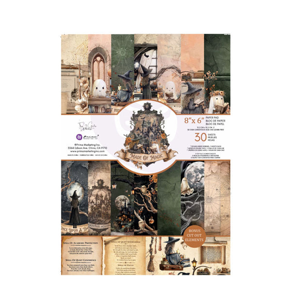 A printed sheet of craft paper with a collage of gothic and spooky scenes, including a witch, cats, a tombstone, a moonlit tree, and vintage-style illustrations. The sheet has a white horizontal band across the middle with product text, including 'Page of 19' and '8" x 6"'.