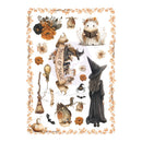 A sheet of Halloween-themed watercolor stickers featuring a witch girl, a pumpkin-headed creature, a bookish mouse, a broom, bats, flowers, and autumn leaves, with a decorative border and a central banner reading 'Made of Magic'.