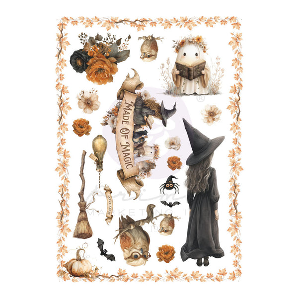 A sheet of Halloween-themed watercolor stickers featuring a witch girl, a pumpkin-headed creature, a bookish mouse, a broom, bats, flowers, and autumn leaves, with a decorative border and a central banner reading 'Made of Magic'.